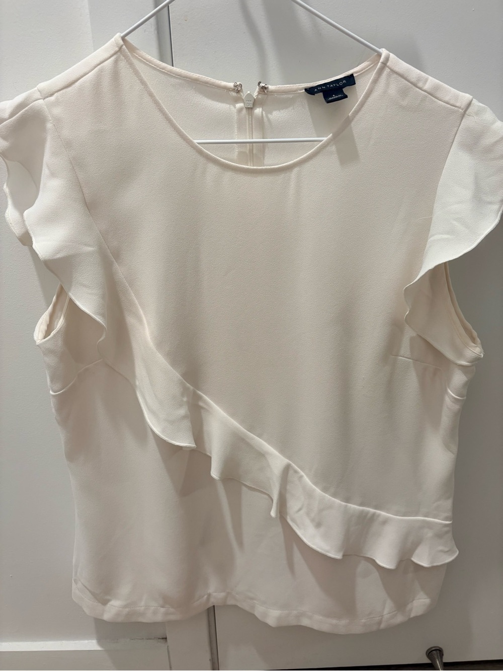 Ann Taylor Cream Ruffle-Trim Sleeveless Blouse